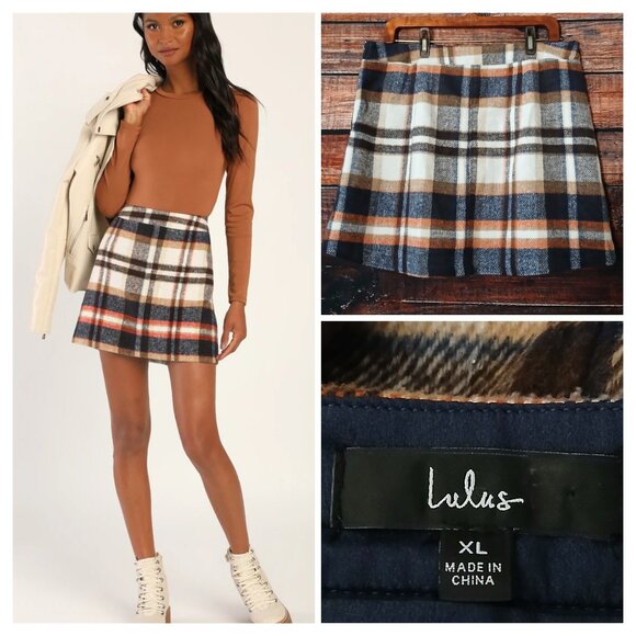 Lulus Dresses & Skirts - Lulus Mini Skirt XL Mad For Plaid Soft Flannel Lined Side Zip Cream Navy